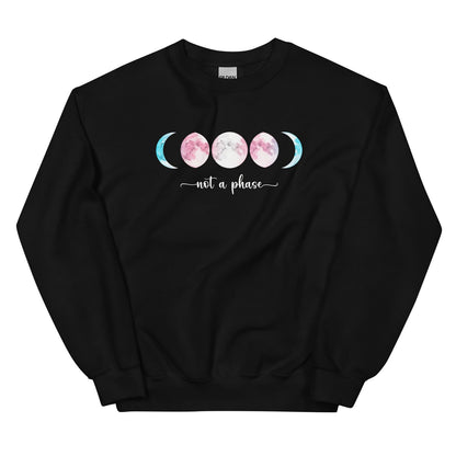 Black sweatshirt with transgender moon phase design and 'not a phase' text on a white background