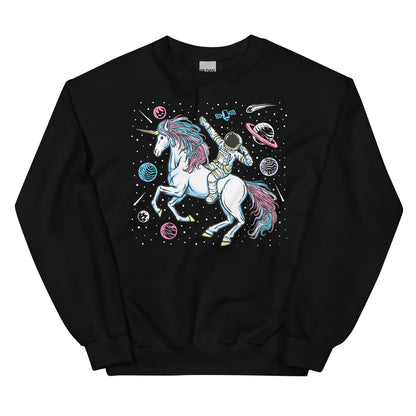 Black sweatshirt with a transgender unicorn and astronaut design on a white background