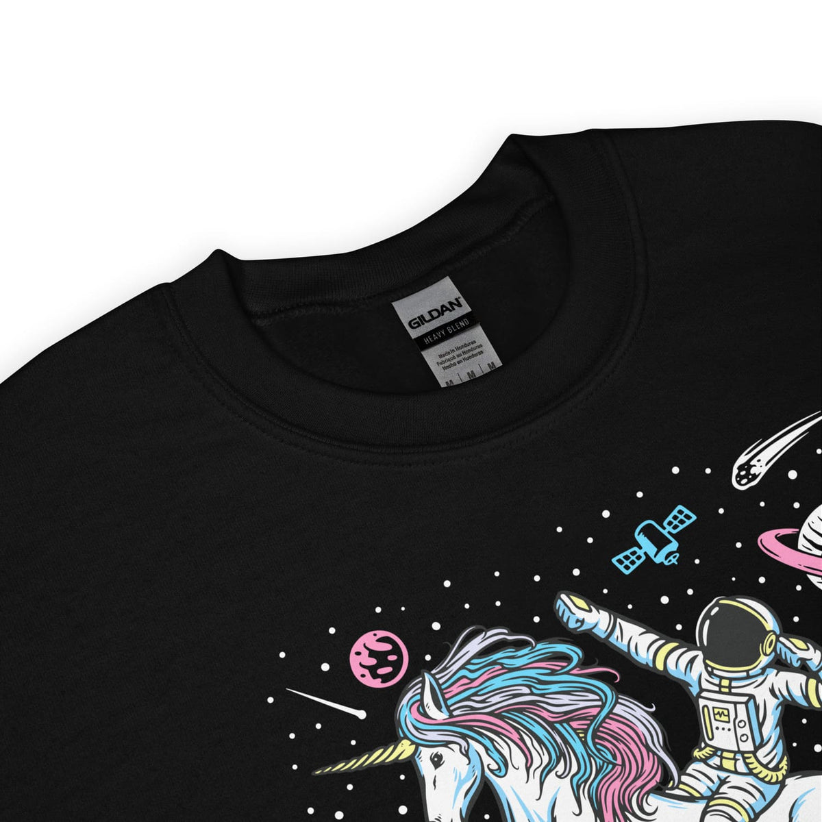 Detail of transgender sweatshirt with an astronaut riding a unicorn in space design, featuring Gildan label.
