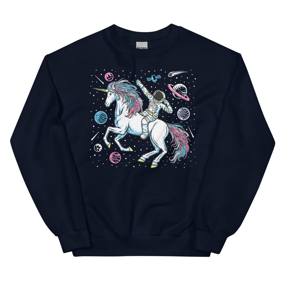 Navy sweatshirt with a transgender unicorn and astronaut design on a white background