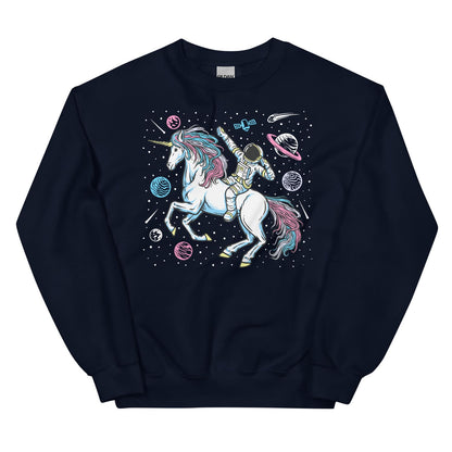 Navy sweatshirt with a transgender unicorn and astronaut design on a white background