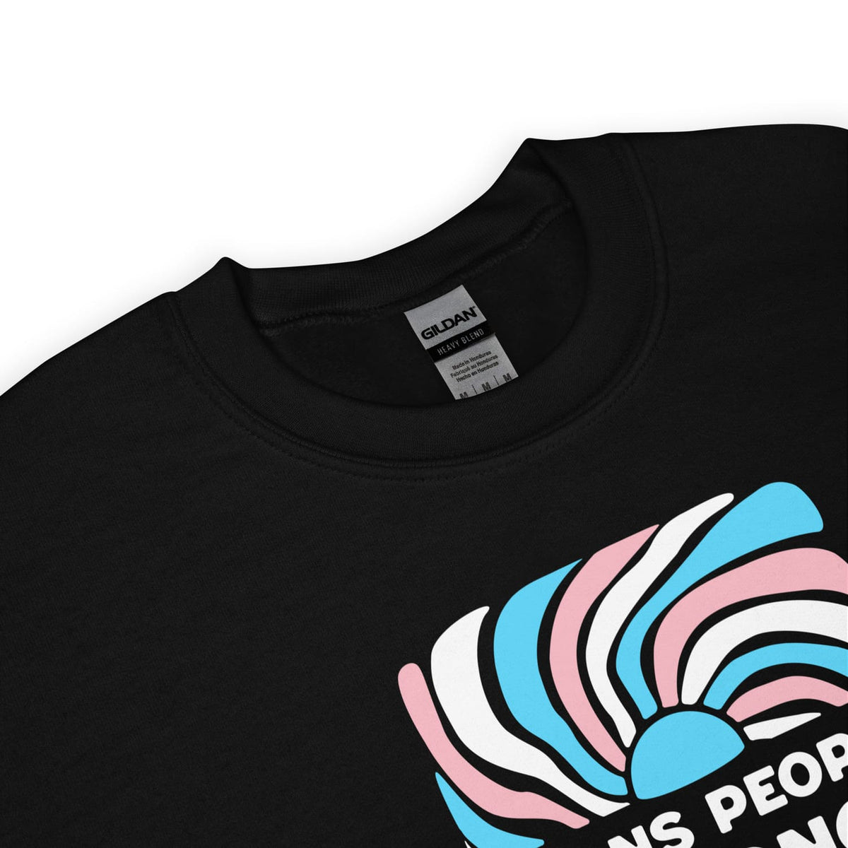 Black transgender sweatshirt with a colorful graphic design on a white background