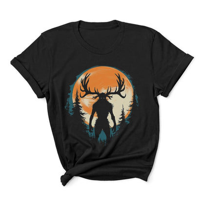 Black t-shirt with a graphic of wendigo silhouette against an orange sunset on a white background