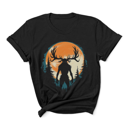 Black t-shirt with a graphic of wendigo silhouette against an orange sunset on a white background