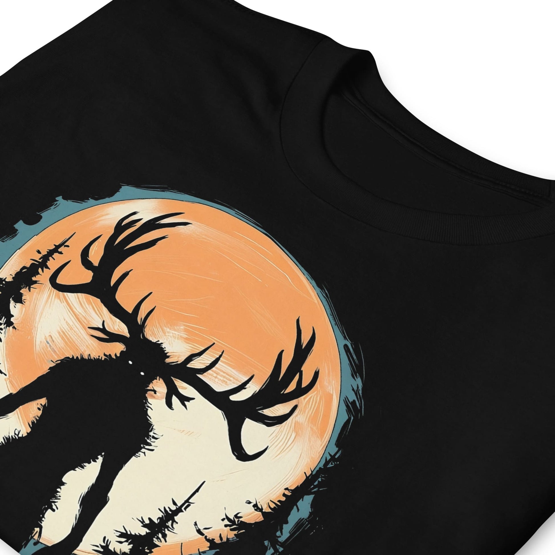 Black t-shirt with a graphic of wendigo and moon design on a white background