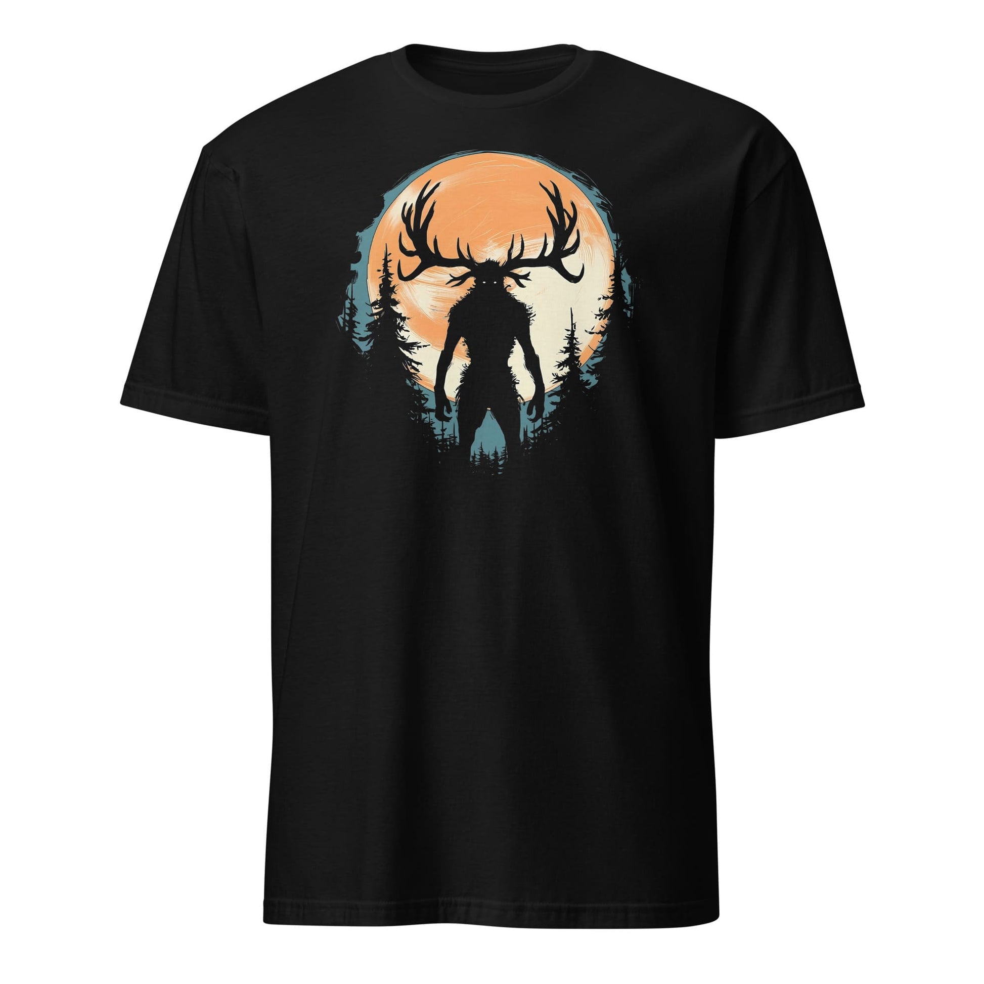 Black t-shirt with a graphic of a silhouette of wendigo with antlers against a sunset sky on a white background