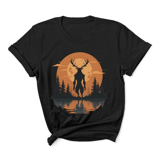 Black t-shirt with a graphic of wendigo silhouette against a sunset sky on a white background