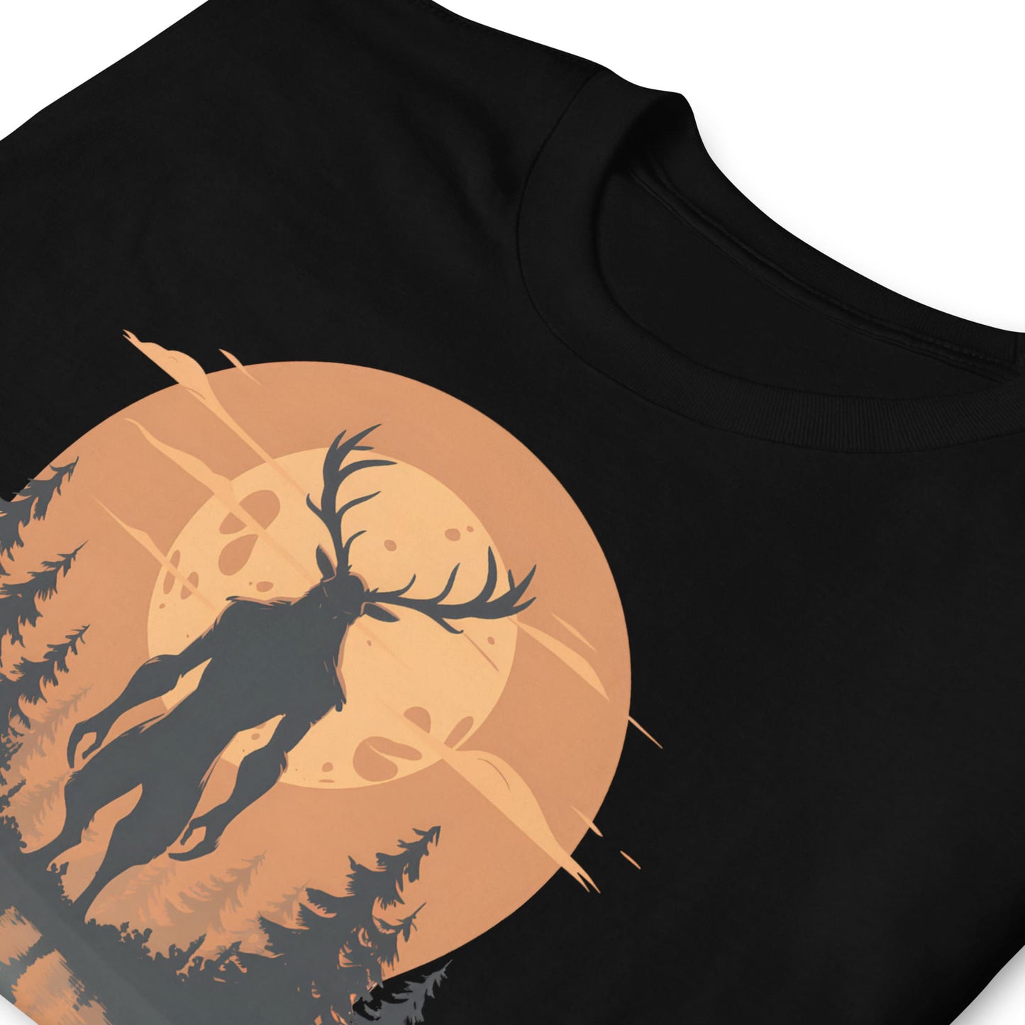 Black t-shirt with a graphic of wendigo and moon design on a white background