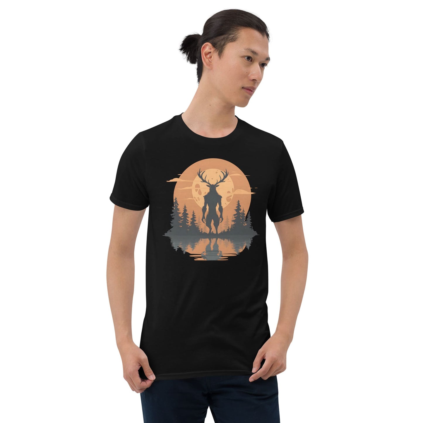 Person wearing a black t-shirt with a wendigo graphic design on a white background