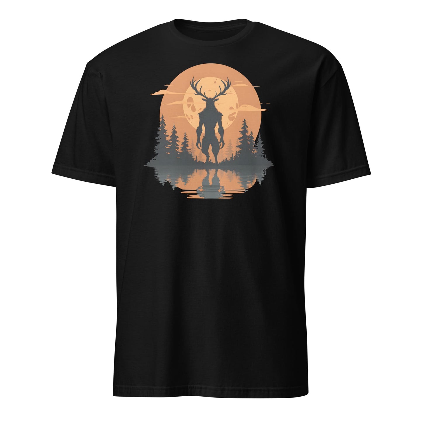 Black t-shirt with a graphic of wendigo silhouette against a sunset sky on a white background