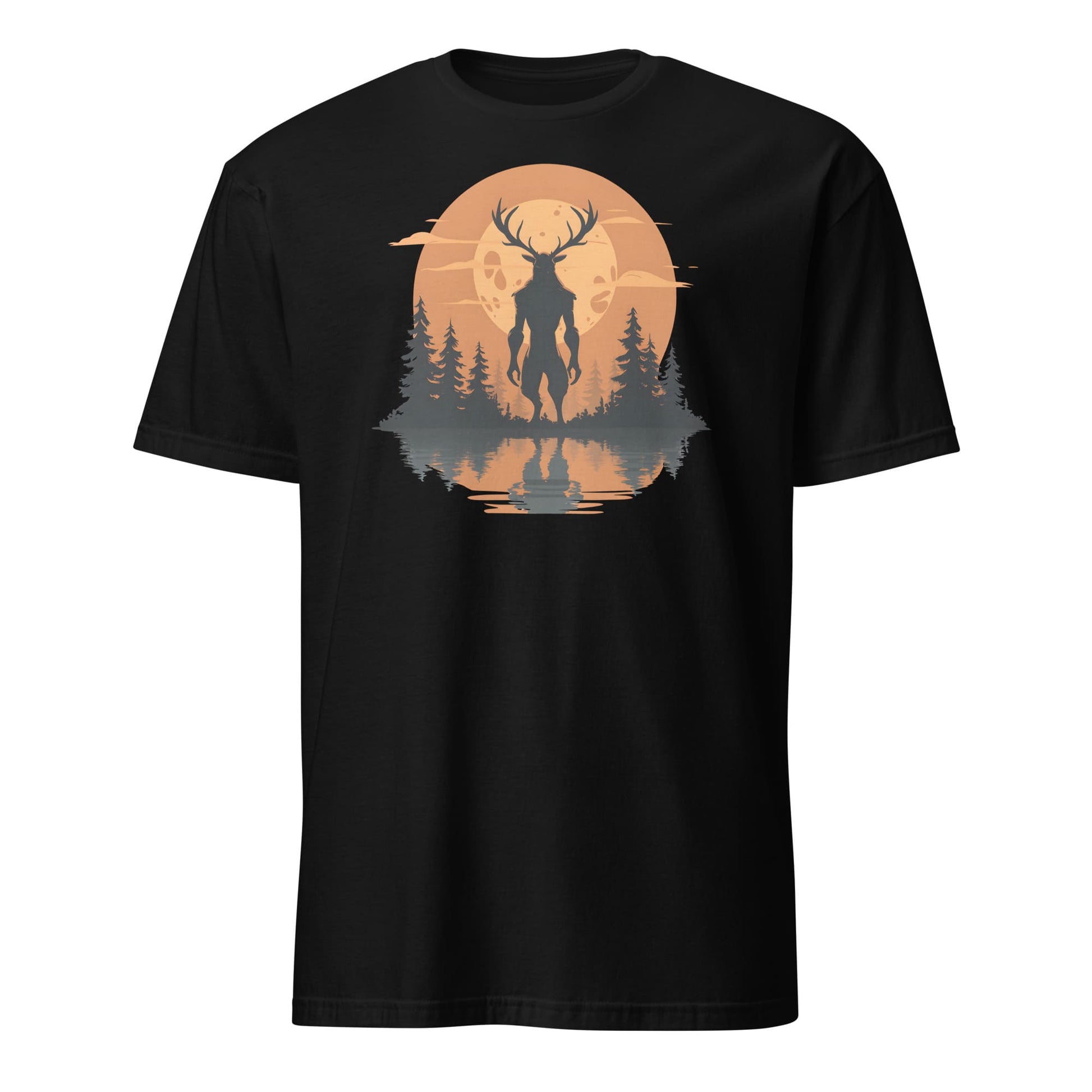 Black t-shirt with a graphic of wendigo silhouette against a sunset sky on a white background