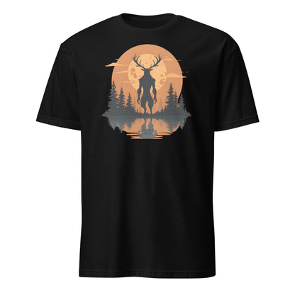 Black t-shirt with a graphic of wendigo silhouette against a sunset sky on a white background