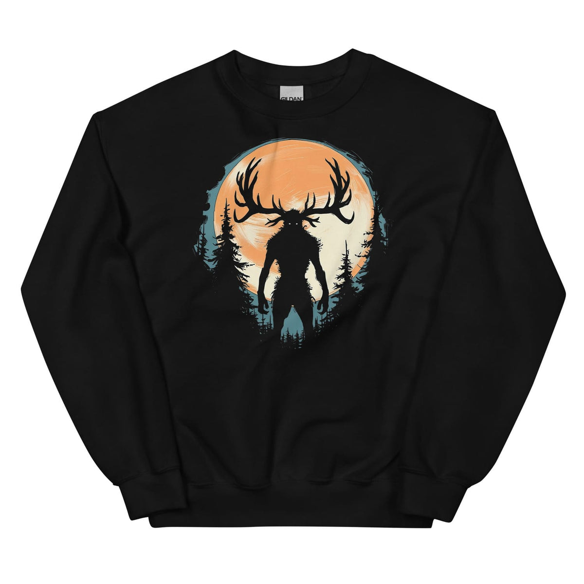 Black sweatshirt with a wendigo silhouette design on a white background