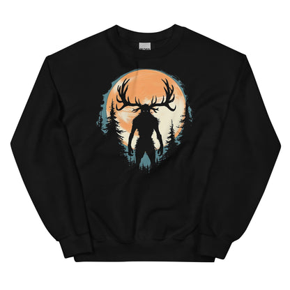 Black sweatshirt with a wendigo silhouette design on a white background