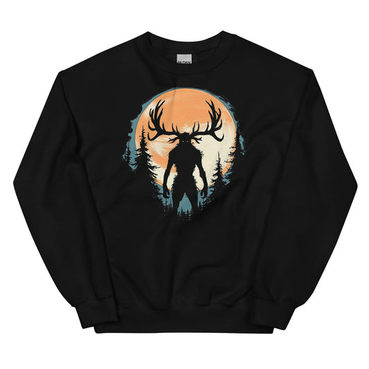 Black sweatshirt with a wendigo silhouette design on a white background