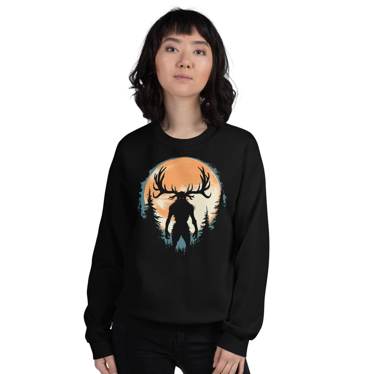 Person wearing a black sweatshirt with a wendigo design on a white background