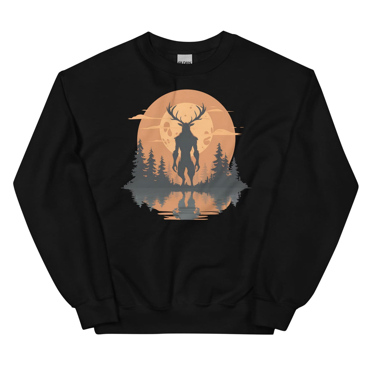 Black sweatshirt with wendigo cryptid and sunset design on a white background