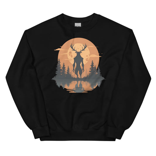 Black sweatshirt with wendigo cryptid and sunset design on a white background