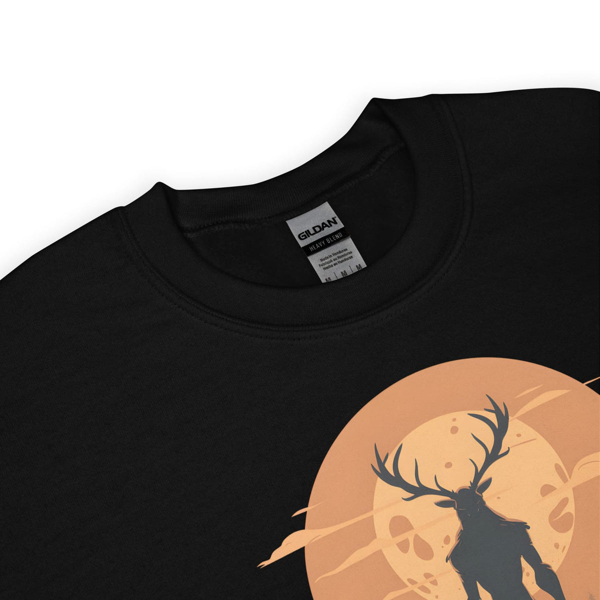 Black sweatshirt with a wendigo  silhouette design on a white background