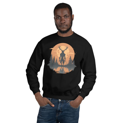 Man wearing a black sweatshirt with wendigo and sunset design on a white background