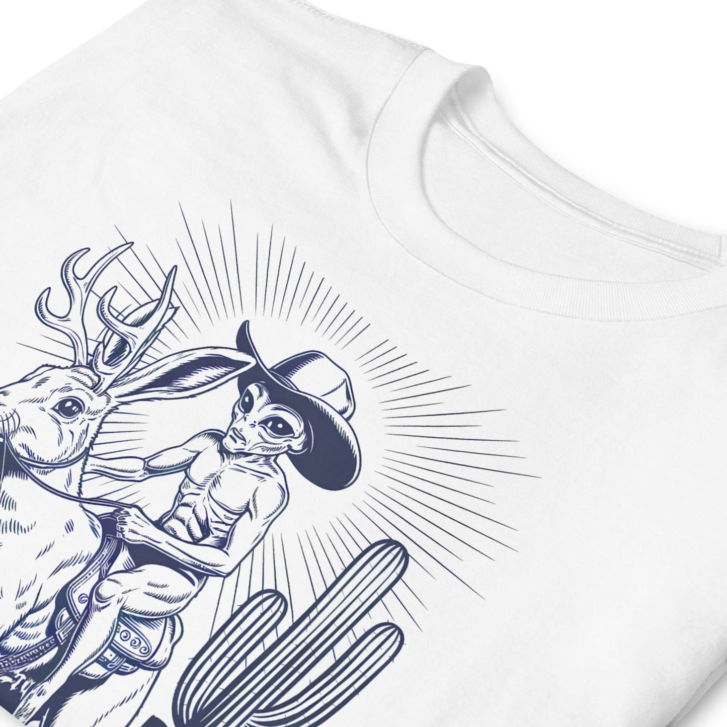 White t-shirt with black and white graphic design of a cowboy alien riding a jackalope