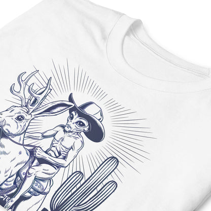 White t-shirt with black and white graphic design of a cowboy alien riding a jackalope