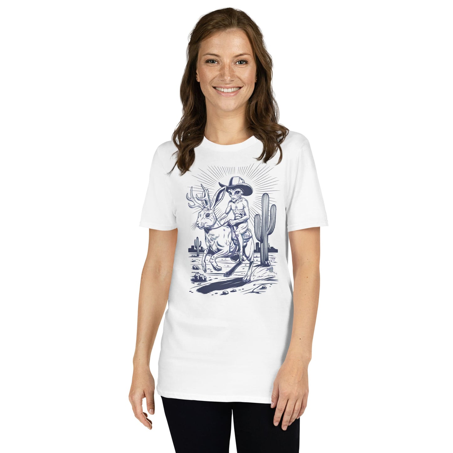 Woman wearing a white jackalope t-shirt 