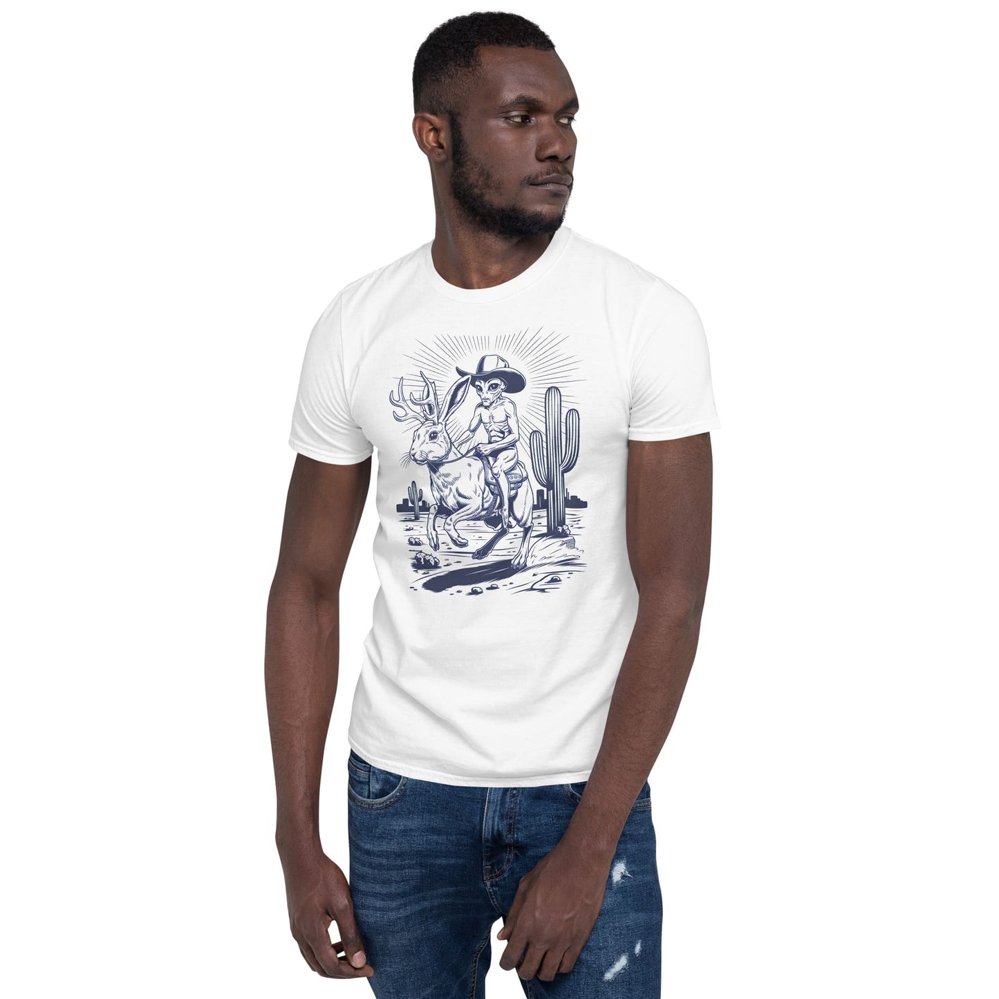 Man wearing a white jackalope t-shirt 