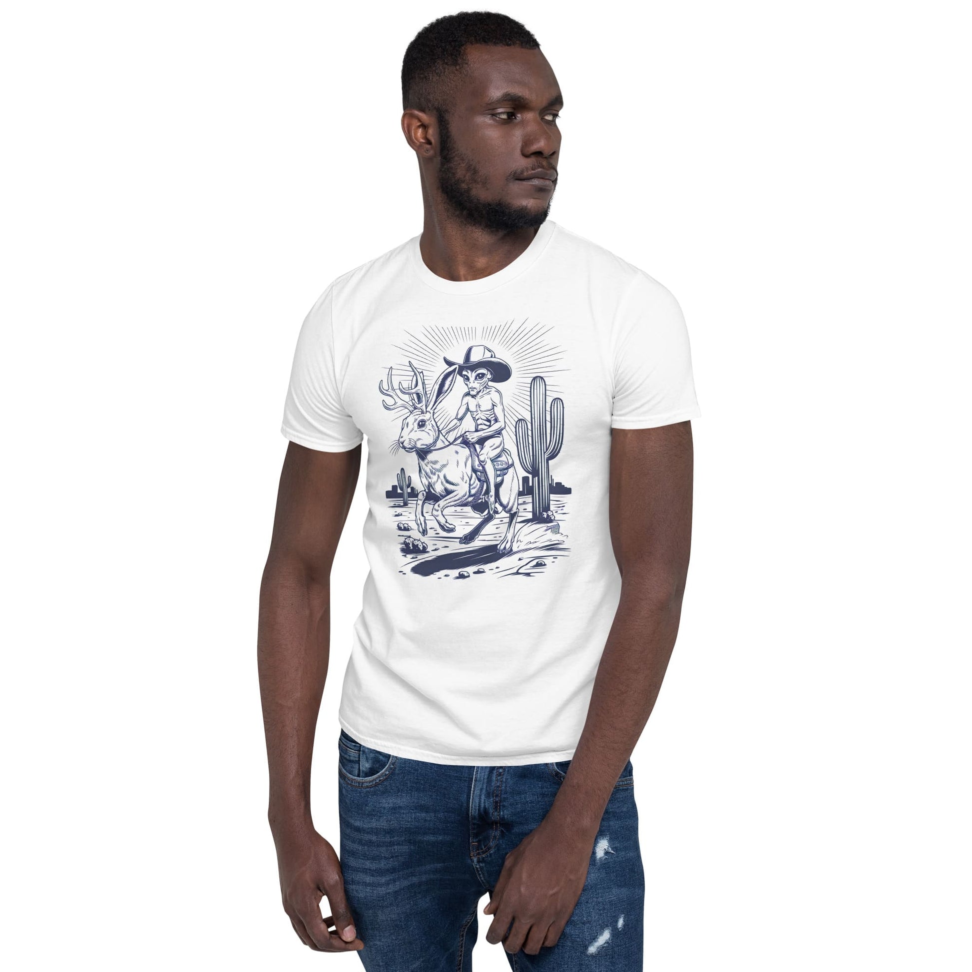 Man wearing a white jackalope t-shirt 