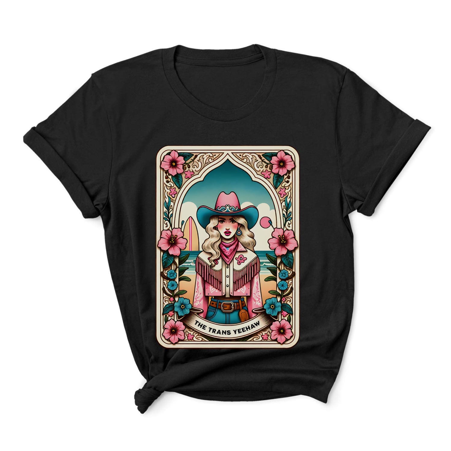 Black t-shirt with a colorful graphic of a woman in a cowboy hat and scarf, surrounded by flowers, on a white background: The Trans Yeehaw Tarot Card Shirt, Western MTF Subtle Transgender Pride Tee, Country Cowgirl T-Shirt, Rodeo Gift For Trans Daughter Sister