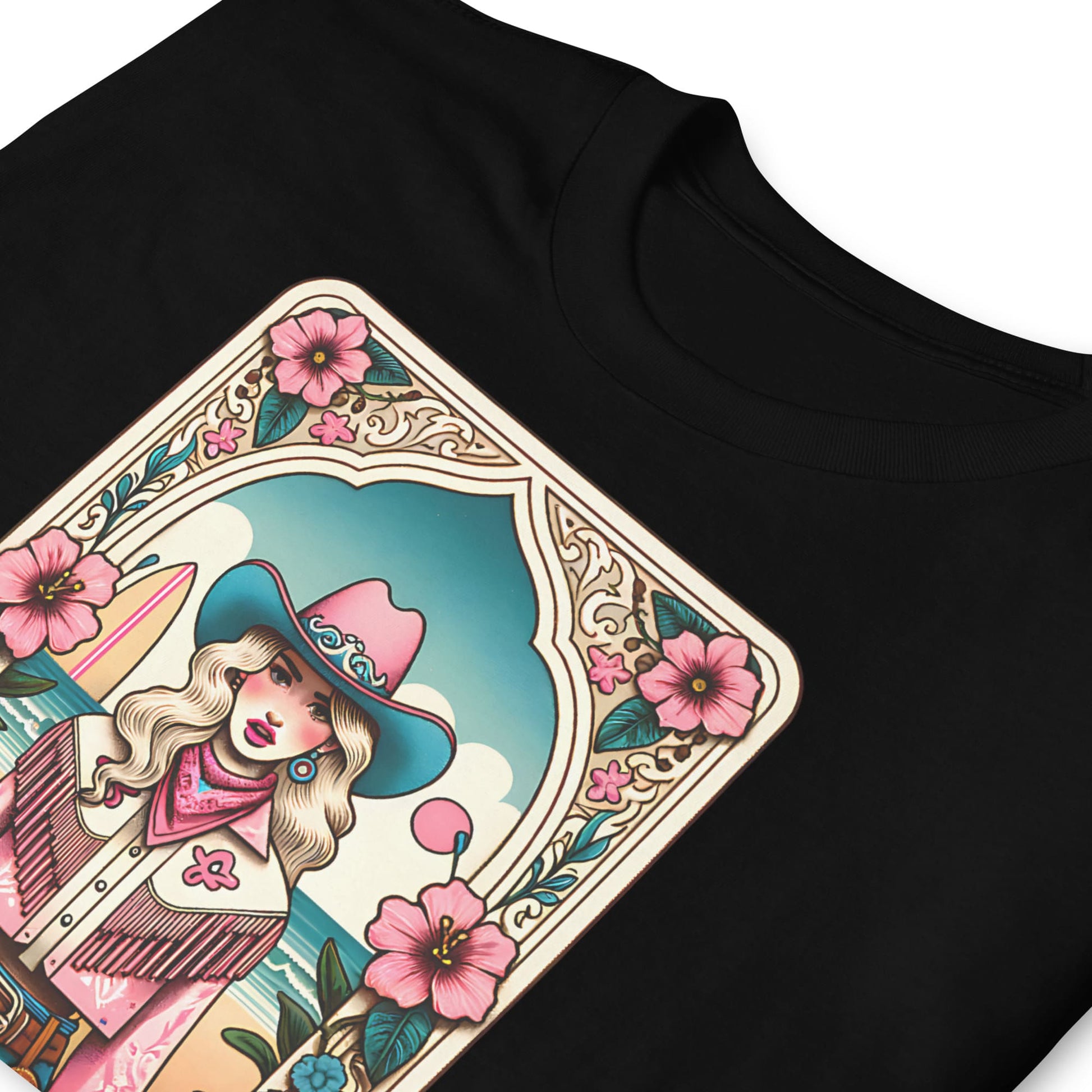 Black t-shirt with a colorful graphic of a woman in a hat and flowers on a white background: The Trans Yeehaw Tarot Card Shirt, Western MTF Subtle Transgender Pride Tee, Country Cowgirl T-Shirt, Rodeo Gift For Trans Daughter Sister