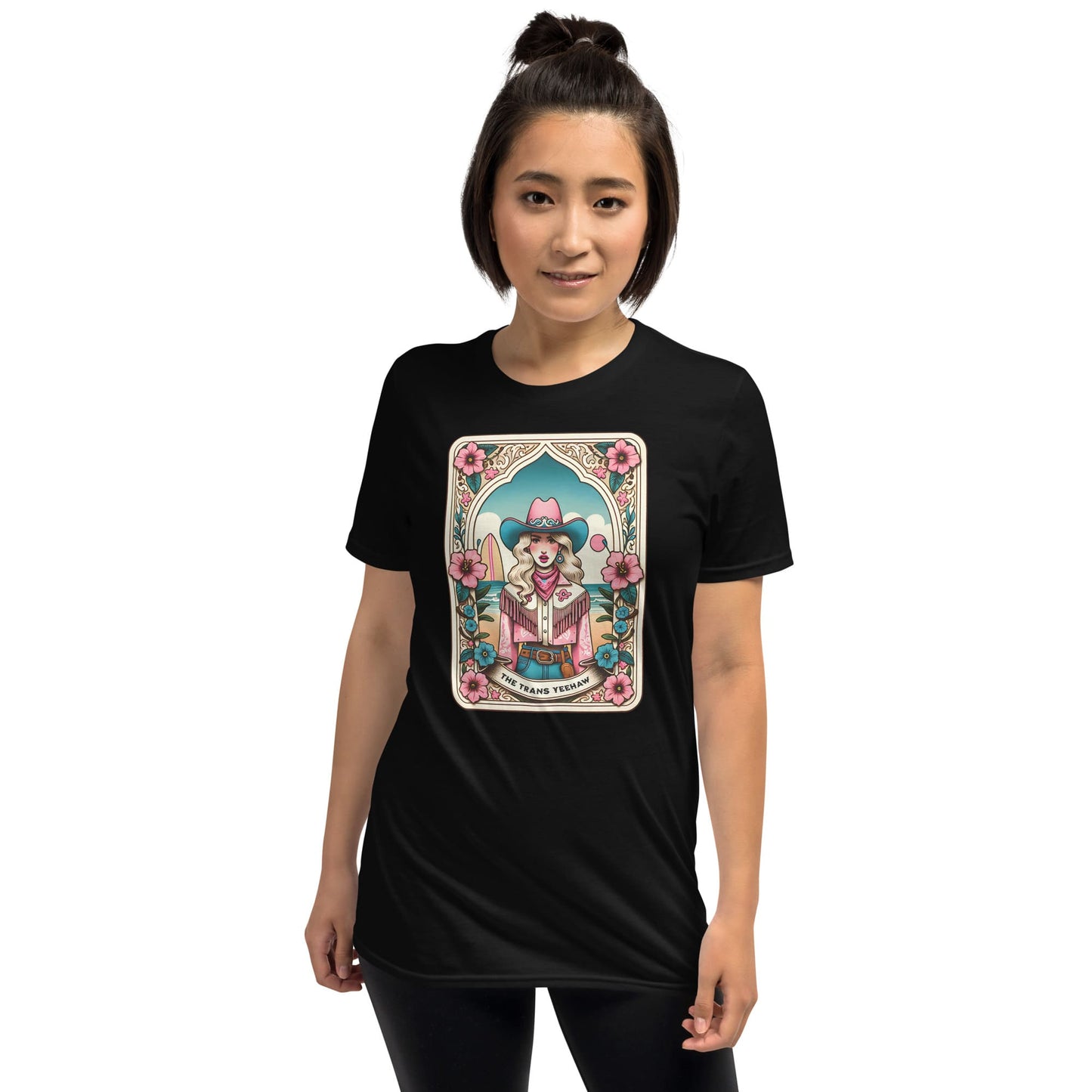 Person wearing a black t-shirt with a colorful graphic design on a white background: The Trans Yeehaw Tarot Card Shirt, Western MTF Subtle Transgender Pride Tee, Country Cowgirl T-Shirt, Rodeo Gift For Trans Daughter Sister