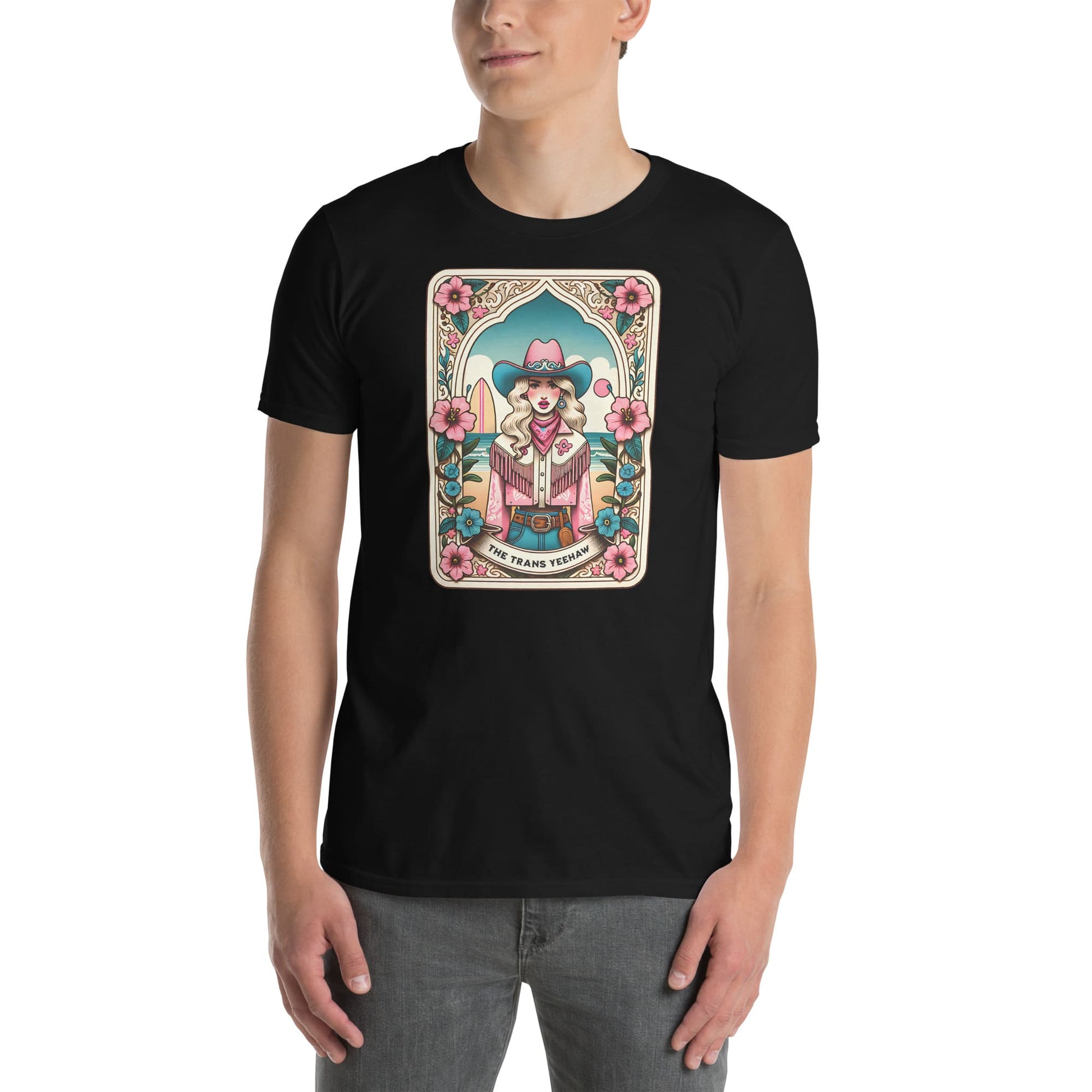 Person wearing a black t-shirt with a colorful graphic design on a white background: The Trans Yeehaw Tarot Card Shirt, Western MTF Subtle Transgender Pride Tee, Country Cowgirl T-Shirt, Rodeo Gift For Trans Daughter Sister