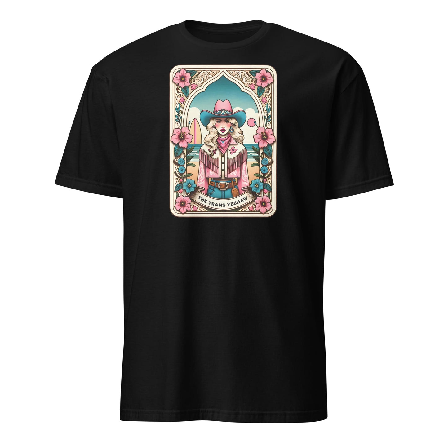 Black t-shirt with a colorful graphic of a woman in a cowboy hat on a white background: The Trans Yeehaw Tarot Card Shirt, Western MTF Subtle Transgender Pride Tee, Country Cowgirl T-Shirt, Rodeo Gift For Trans Daughter Sister