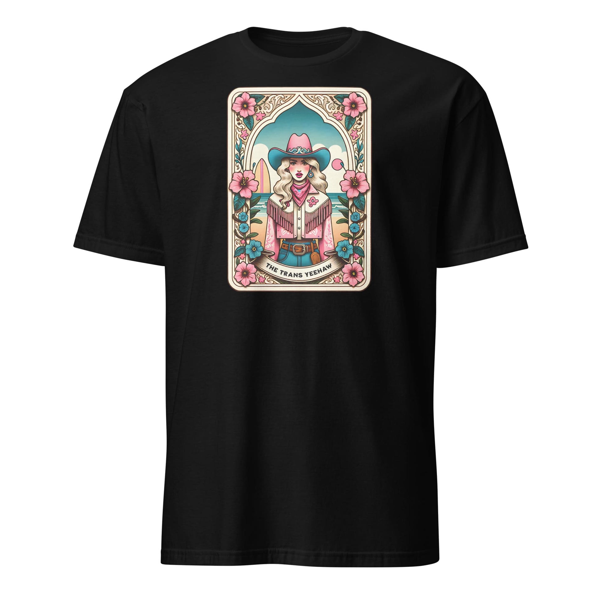 Black t-shirt with a colorful graphic of a woman in a cowboy hat on a white background: The Trans Yeehaw Tarot Card Shirt, Western MTF Subtle Transgender Pride Tee, Country Cowgirl T-Shirt, Rodeo Gift For Trans Daughter Sister