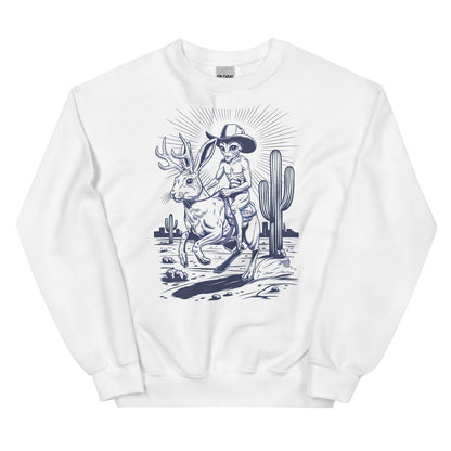 White sweatshirt with a western graphic of  an alien riding a jackalope and a cactus on a white background
