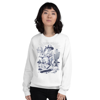 Person wearing a white western sweatshirt with a jackalope and alien graphic design on a white background