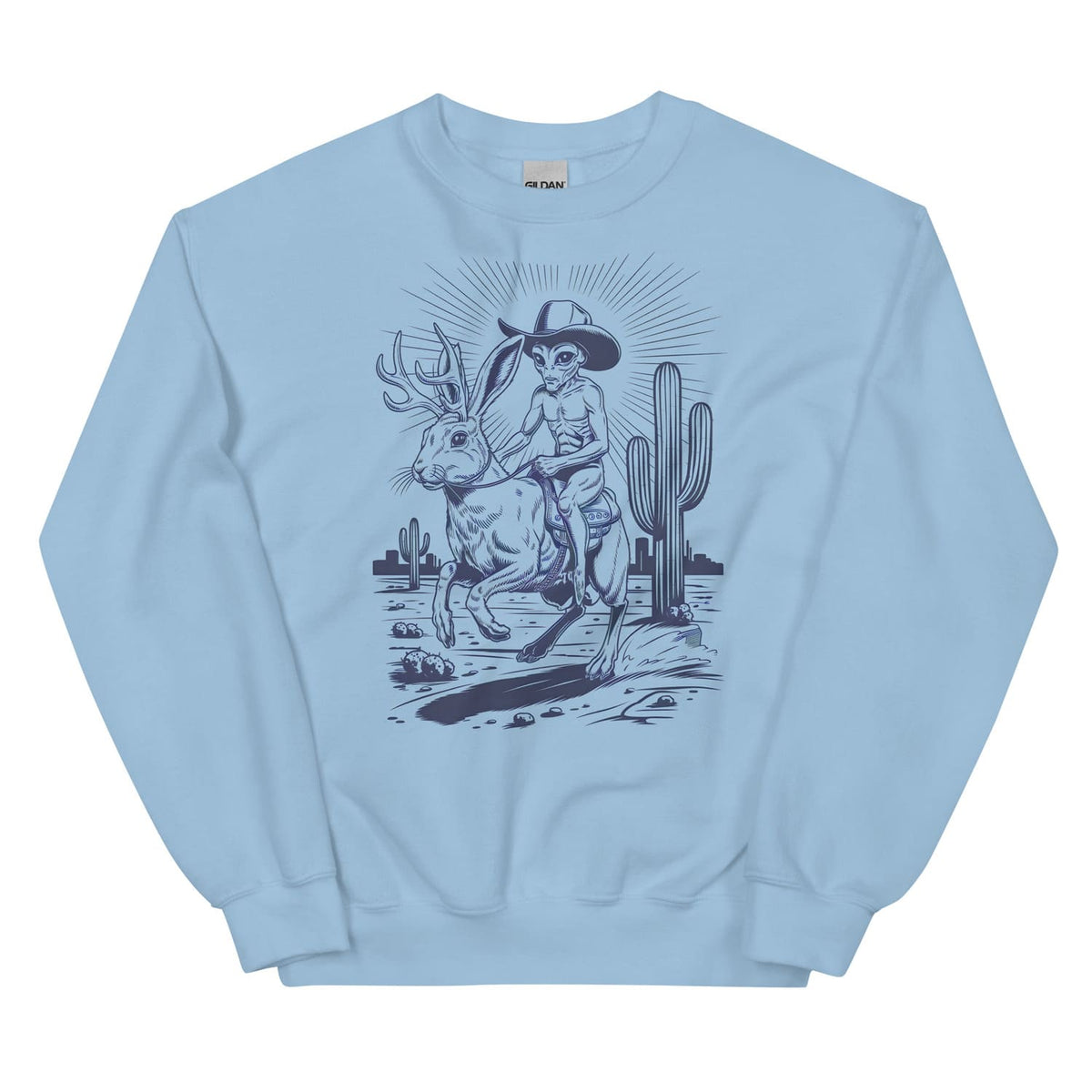 Light blue sweatshirt with a graphic of an alien riding a jackalope and cactus on a white background