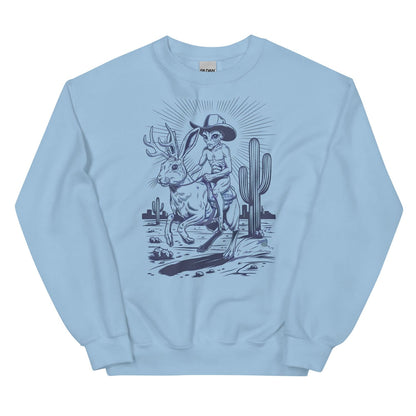 Light blue sweatshirt with a graphic of an alien riding a jackalope and cactus on a white background