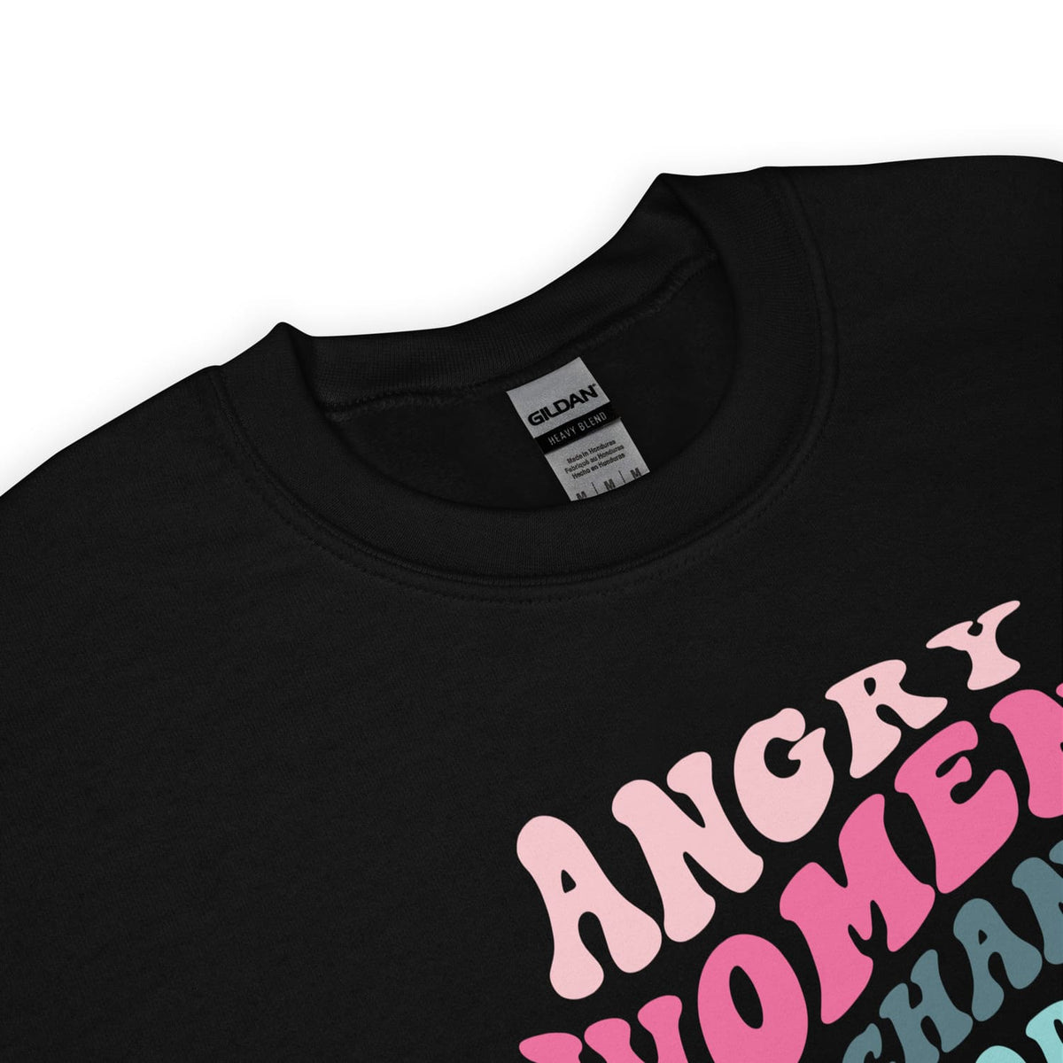 Black feminist sweatshirt with pink and gray text on a white background