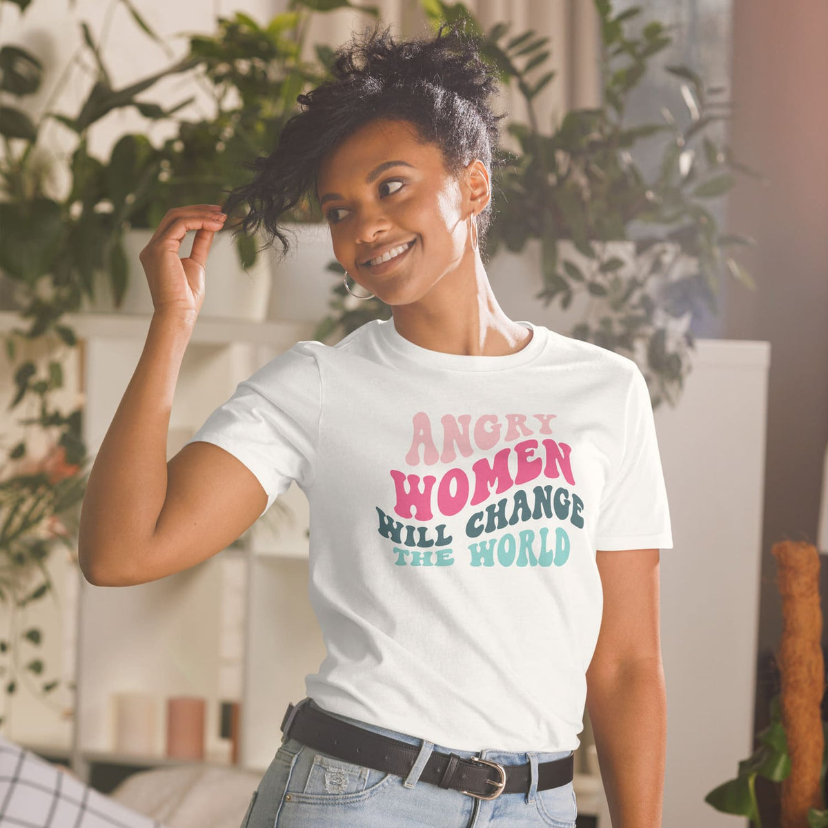 woman wearing Women's rights activist feminist shirt, xhite