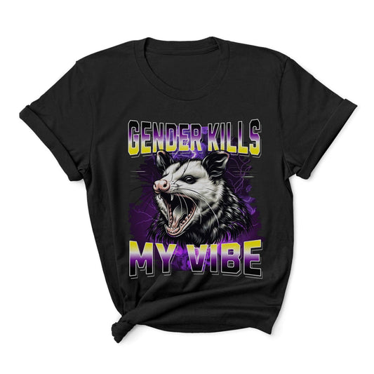 Black nonbinary t-shirt with an opossum bootleg graphic and text on a white background