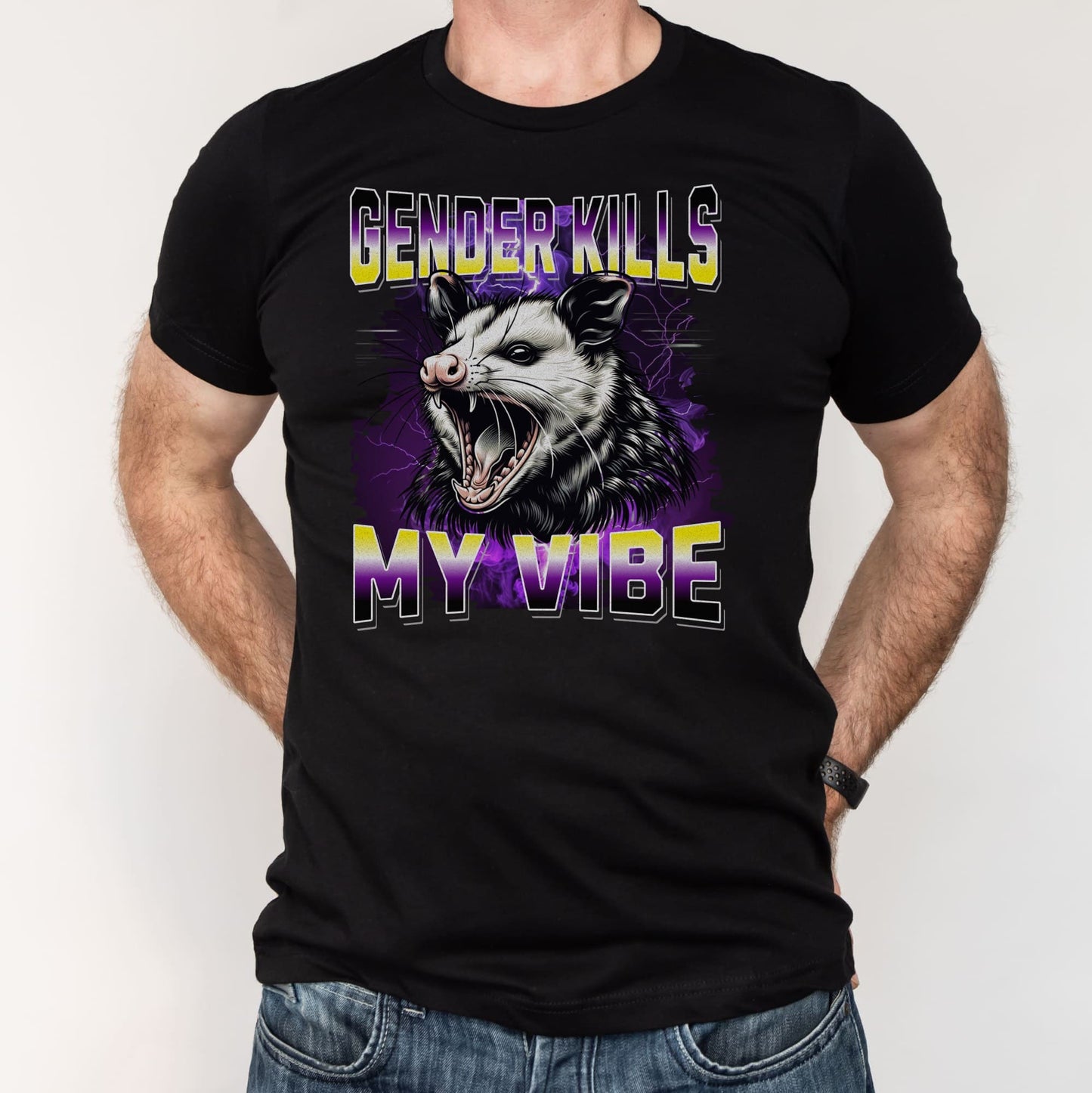 Black nonbinary t-shirt with a y2k bootleg graphic of an opossum and text 'Gender Kills My Vibe' on a white background