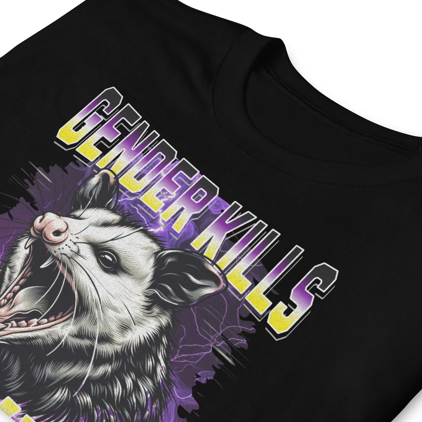 Black enby pride  t-shirt with an opossum graphic and 'Gender Kills My Vibe' text on a white background
