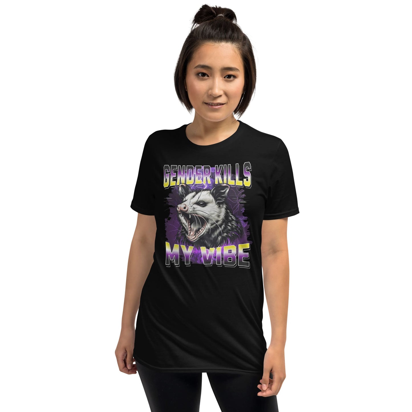 Person wearing a black bootleg style t-shirt with an opossum design and nonbinary text on a white background