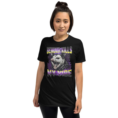 Person wearing a black bootleg style t-shirt with an opossum design and nonbinary text on a white background