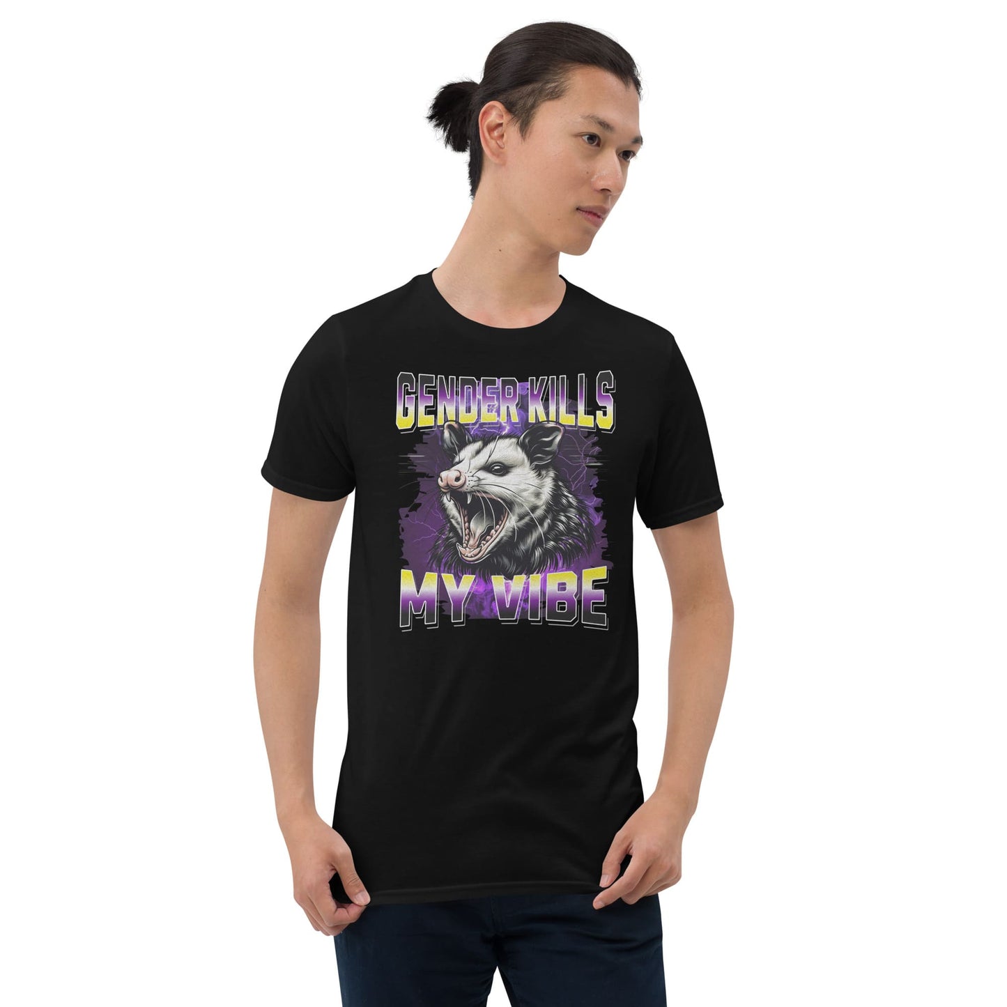 Person wearing a black enby pride t-shirt with a y2k bootleg opossum graphic design and text on a white background