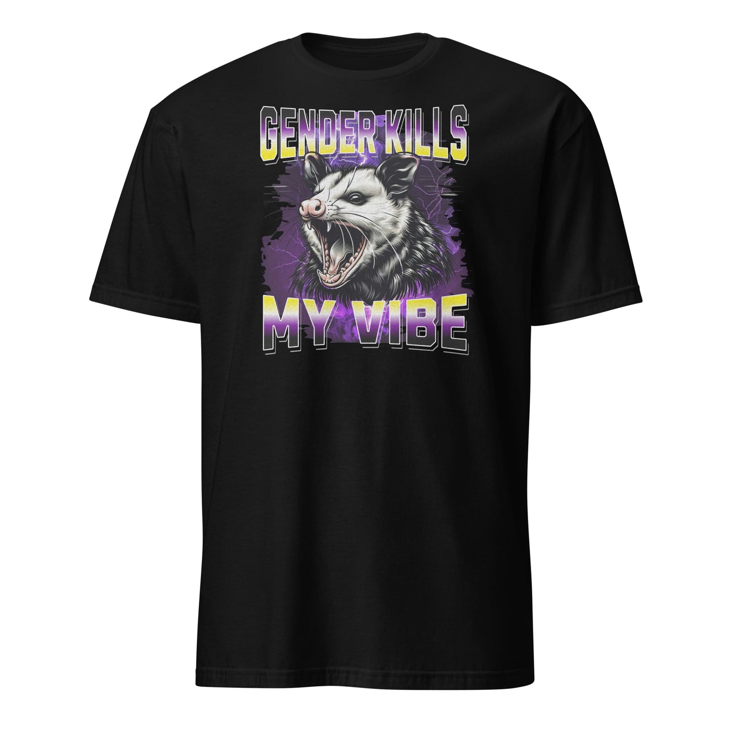 Black enby pride t-shirt with graphic of an opossum and text 'Gender Kills My Vibe' on a white background
