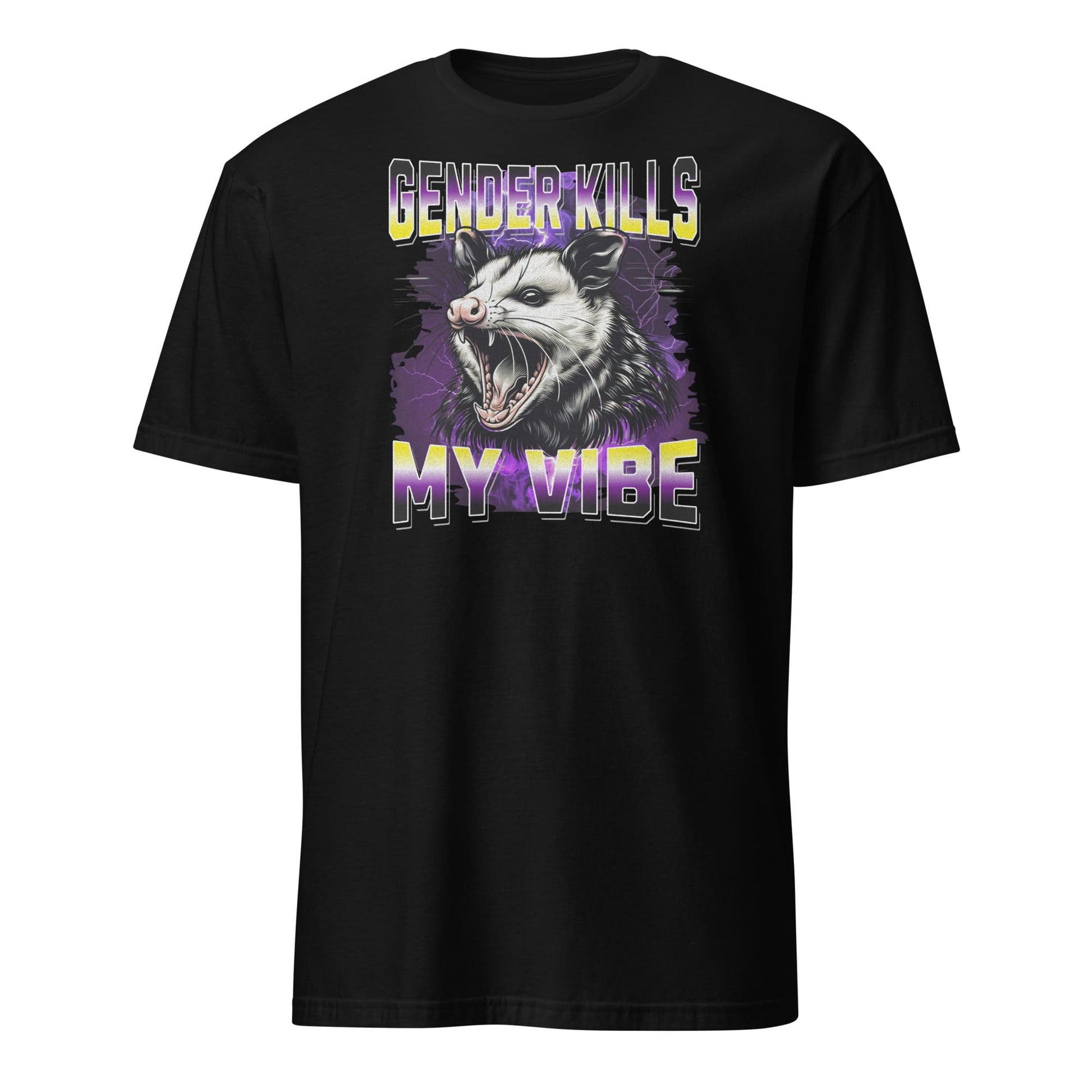 Black enby pride t-shirt with graphic of an opossum and text 'Gender Kills My Vibe' on a white background
