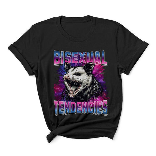 Black y2k bootleg  t-shirt with an opossum graphic and 'Bisexual Tendencies' text on a white background